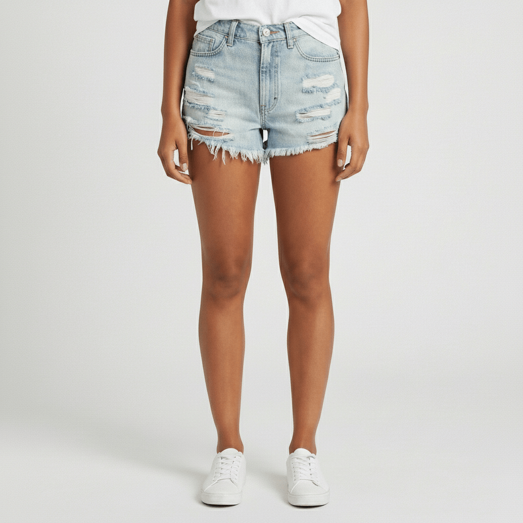Janet Distressed Denim Shorts Frayed Hem Mid Rise