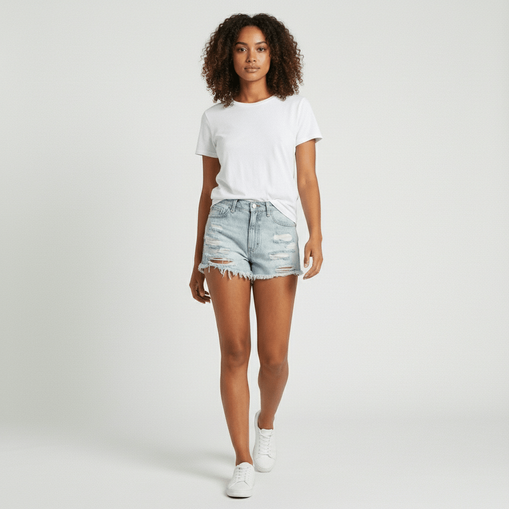 Janet Distressed Denim Shorts Frayed Hem Mid Rise