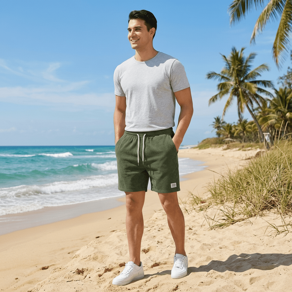 Jason Corduroy Swim Shorts with Elastic Waist and Drawstring