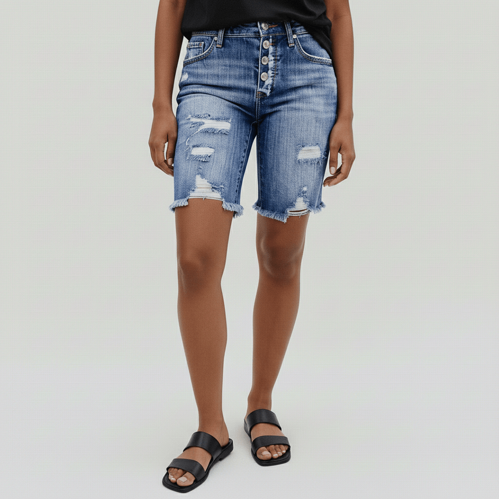 Jenny Button Fly Distressed Denim Shorts Frayed Hem