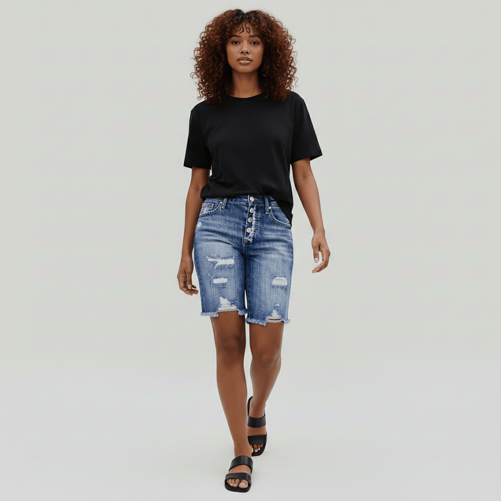 Jenny Button Fly Distressed Denim Shorts Frayed Hem