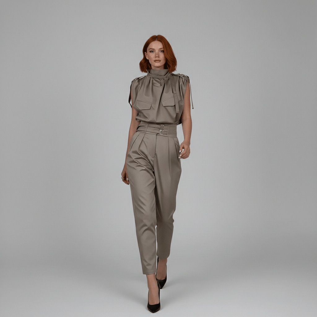 Kaila High Neck Two Piece Set with Belted High Waist Trousers