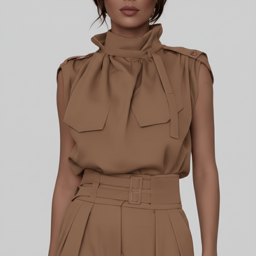 Kaila High Neck Two Piece Set with Belted High Waist Trousers