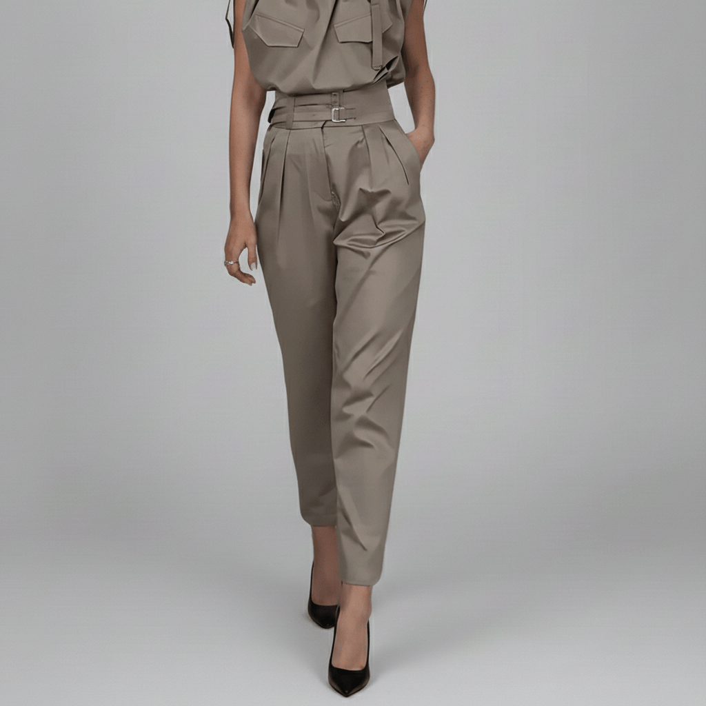 Kaila High Neck Two Piece Set with Belted High Waist Trousers
