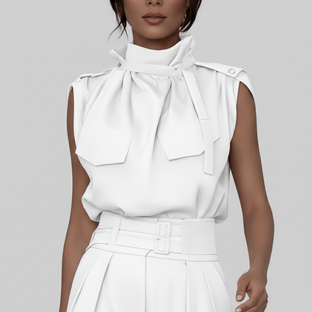 Kaila High Neck Two Piece Set with Belted High Waist Trousers