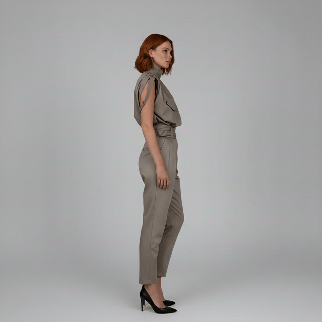 Kaila High Neck Two Piece Set with Belted High Waist Trousers