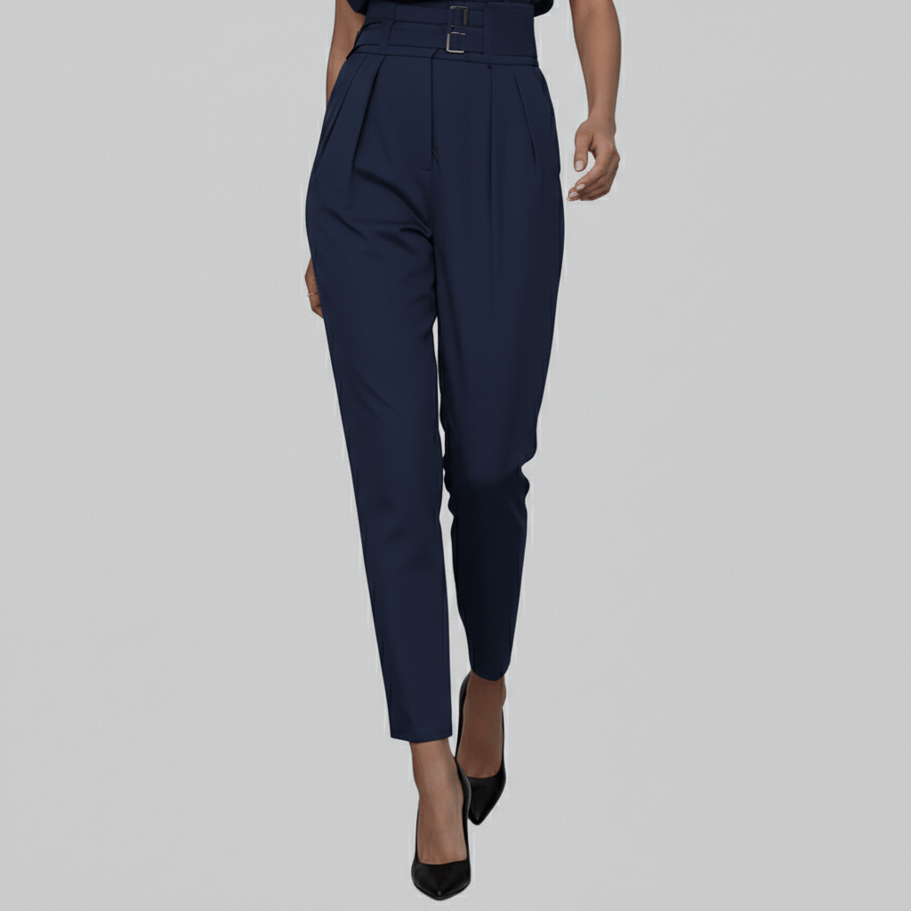 Kaila High Neck Two Piece Set with Belted High Waist Trousers