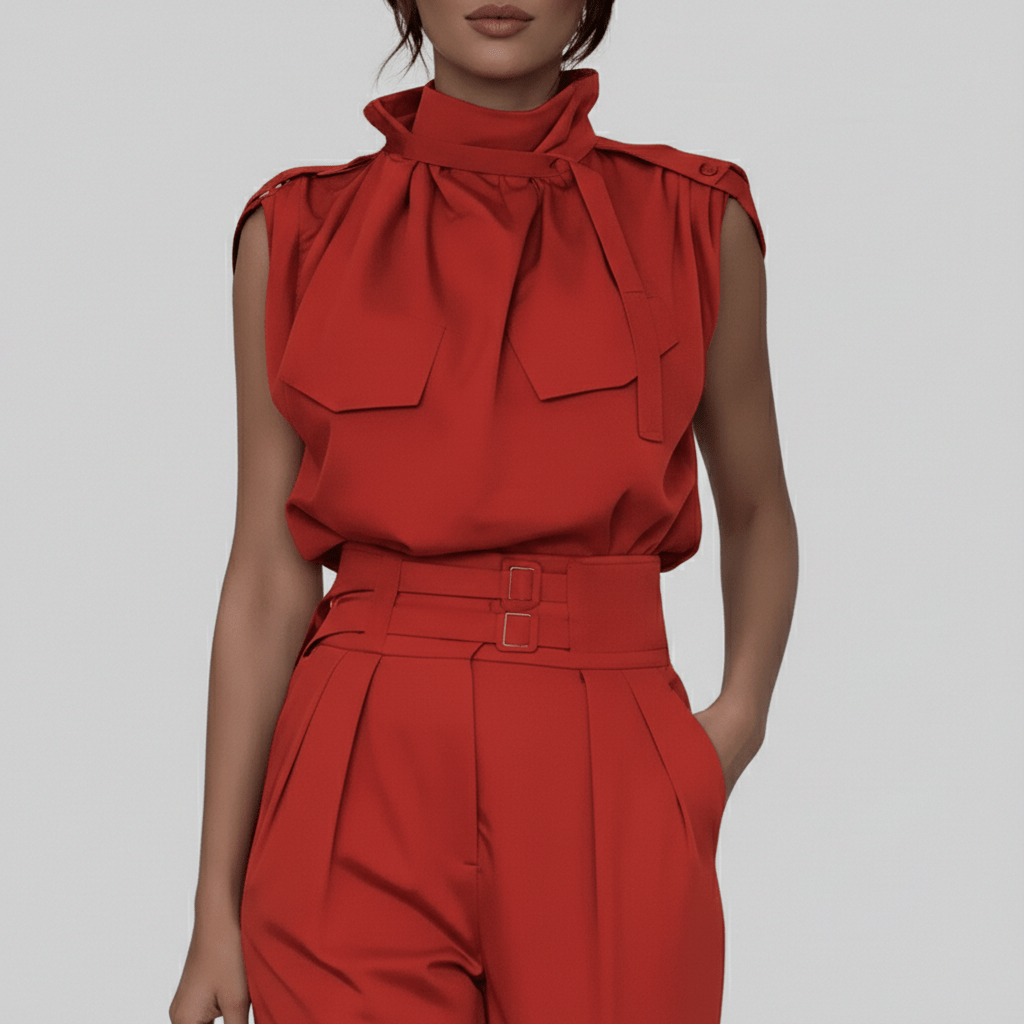 Kaila High Neck Two Piece Set with Belted High Waist Trousers