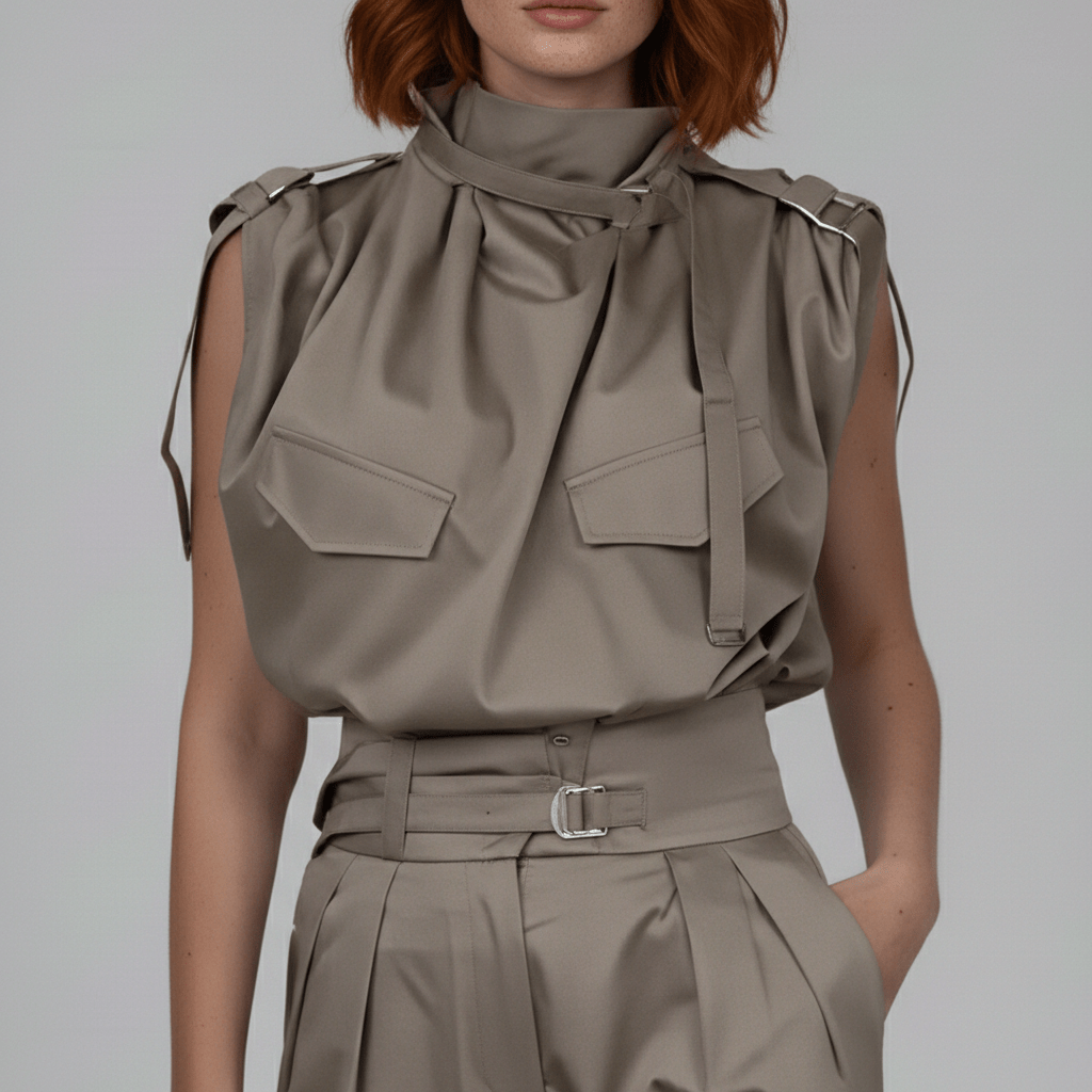 Kaila High Neck Two Piece Set with Belted High Waist Trousers