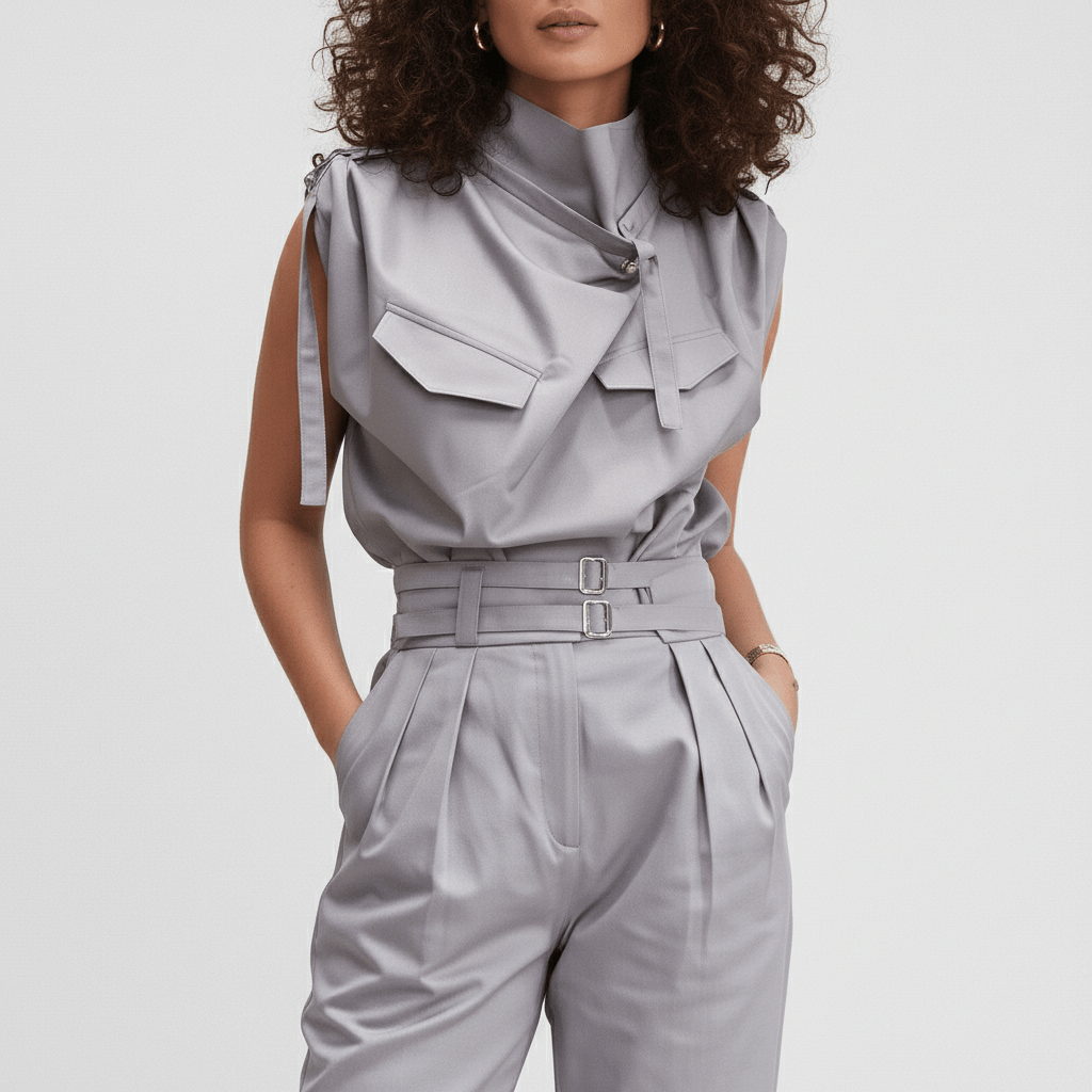 Kaila High Neck Two Piece Set with Belted High Waist Trousers