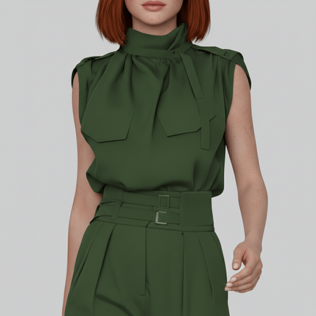 Kaila High Neck Two Piece Set with Belted High Waist Trousers