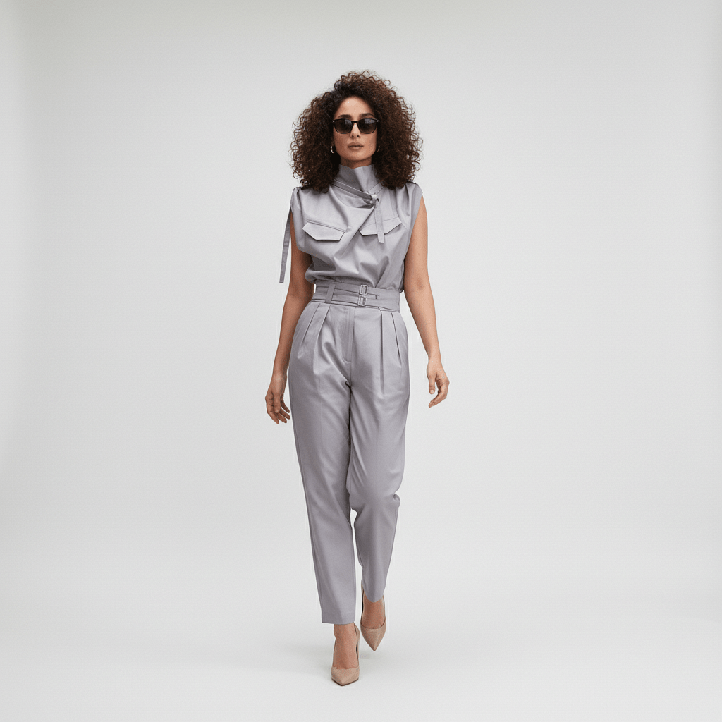 Kaila High Neck Two Piece Set with Belted High Waist Trousers