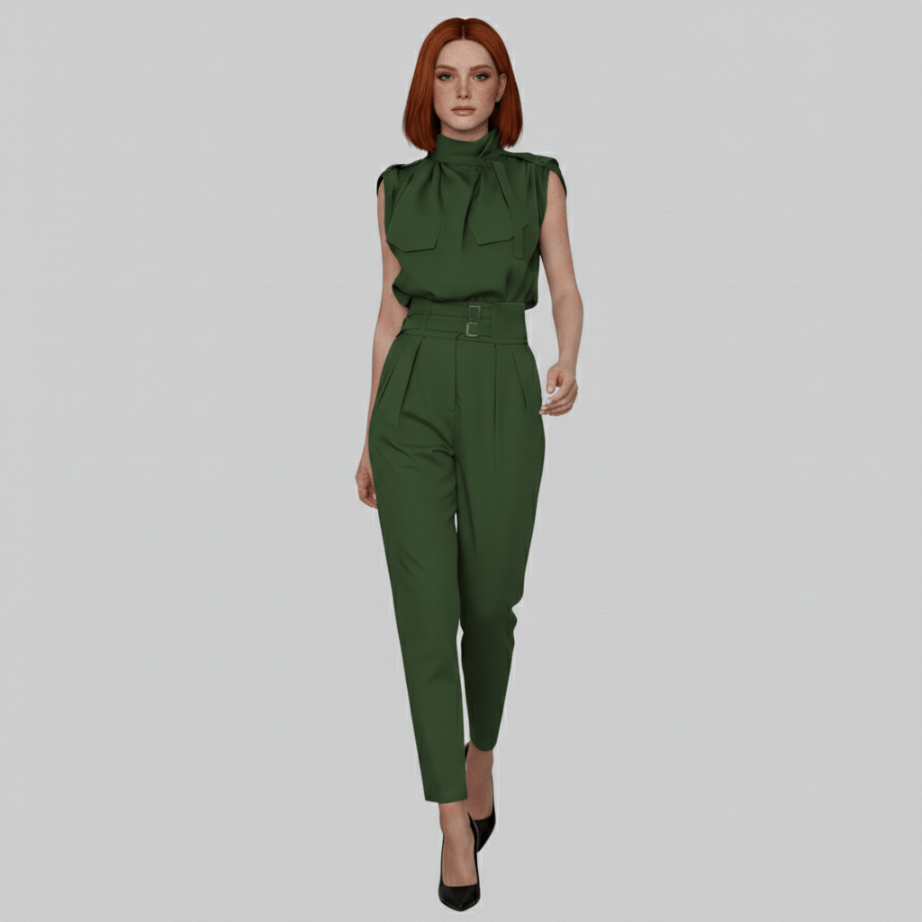 Kaila High Neck Two Piece Set with Belted High Waist Trousers