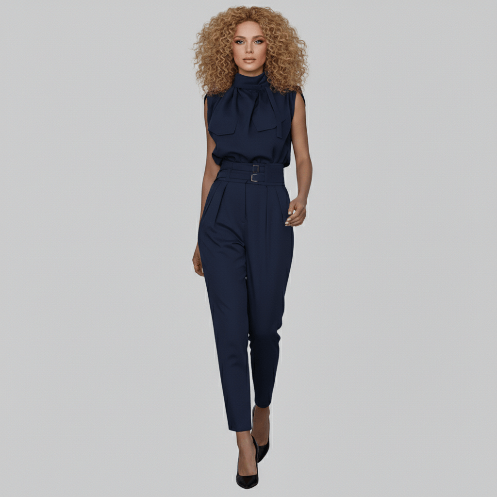 Kaila High Neck Two Piece Set with Belted High Waist Trousers
