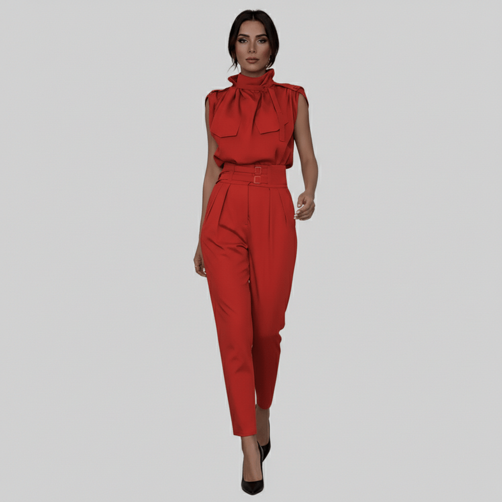 Kaila High Neck Two Piece Set with Belted High Waist Trousers
