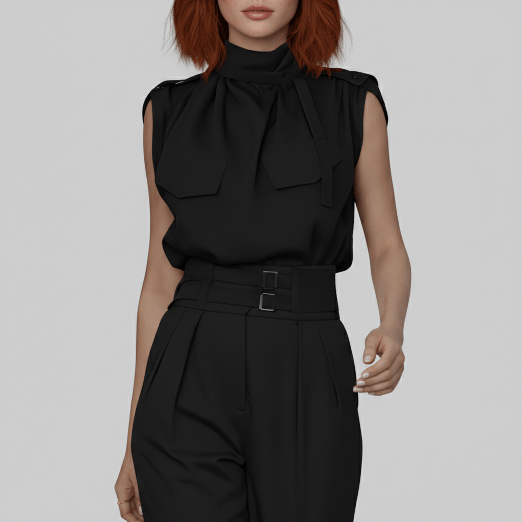 Kaila High Neck Two Piece Set with Belted High Waist Trousers