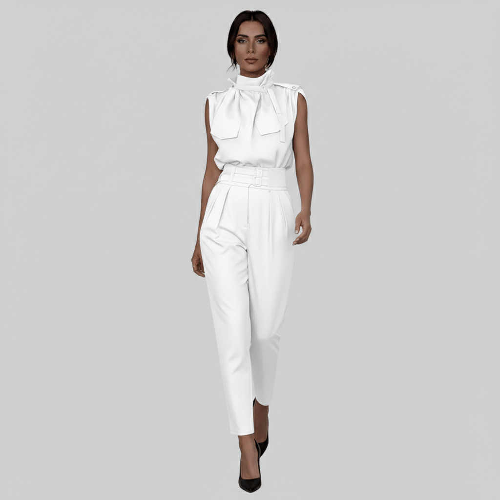 Kaila High Neck Two Piece Set with Belted High Waist Trousers