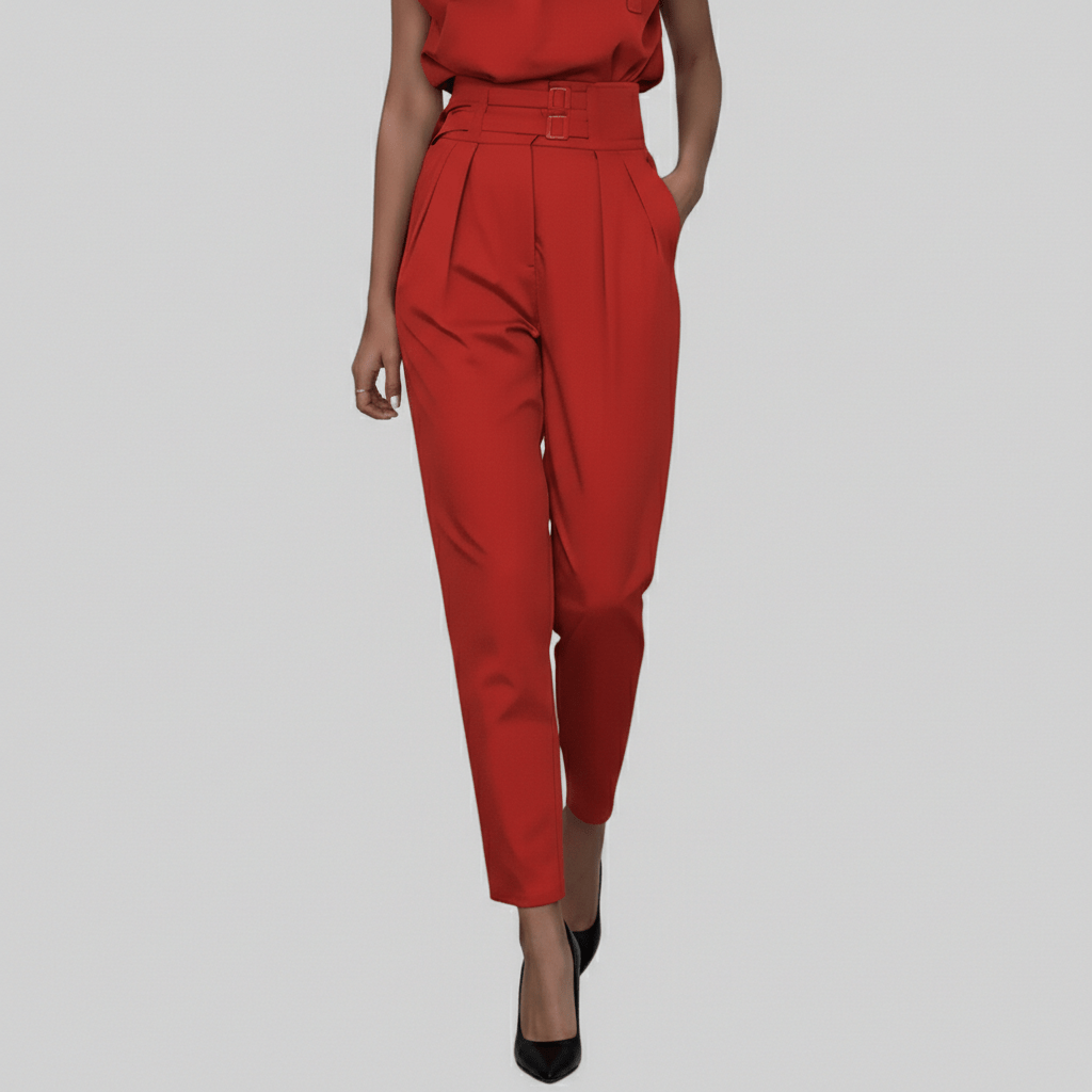 Kaila High Neck Two Piece Set with Belted High Waist Trousers