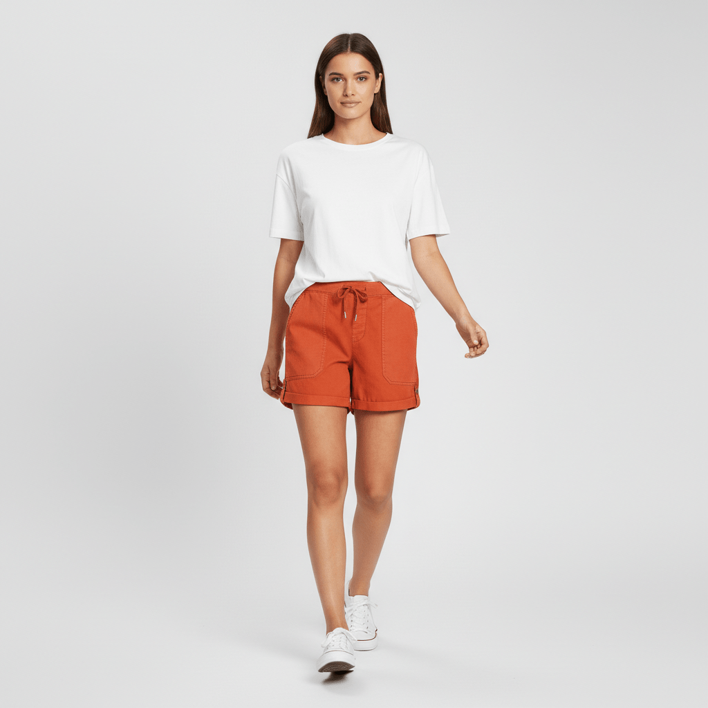 Leona Drawstring Waist Shorts Rolled Hem Patch Pockets