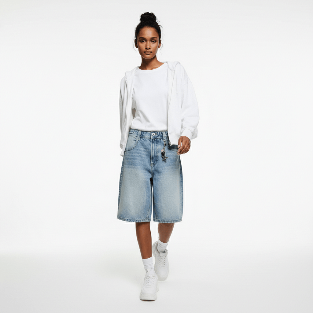 Leora Mid Rise Denim Shorts Relaxed Knee Length