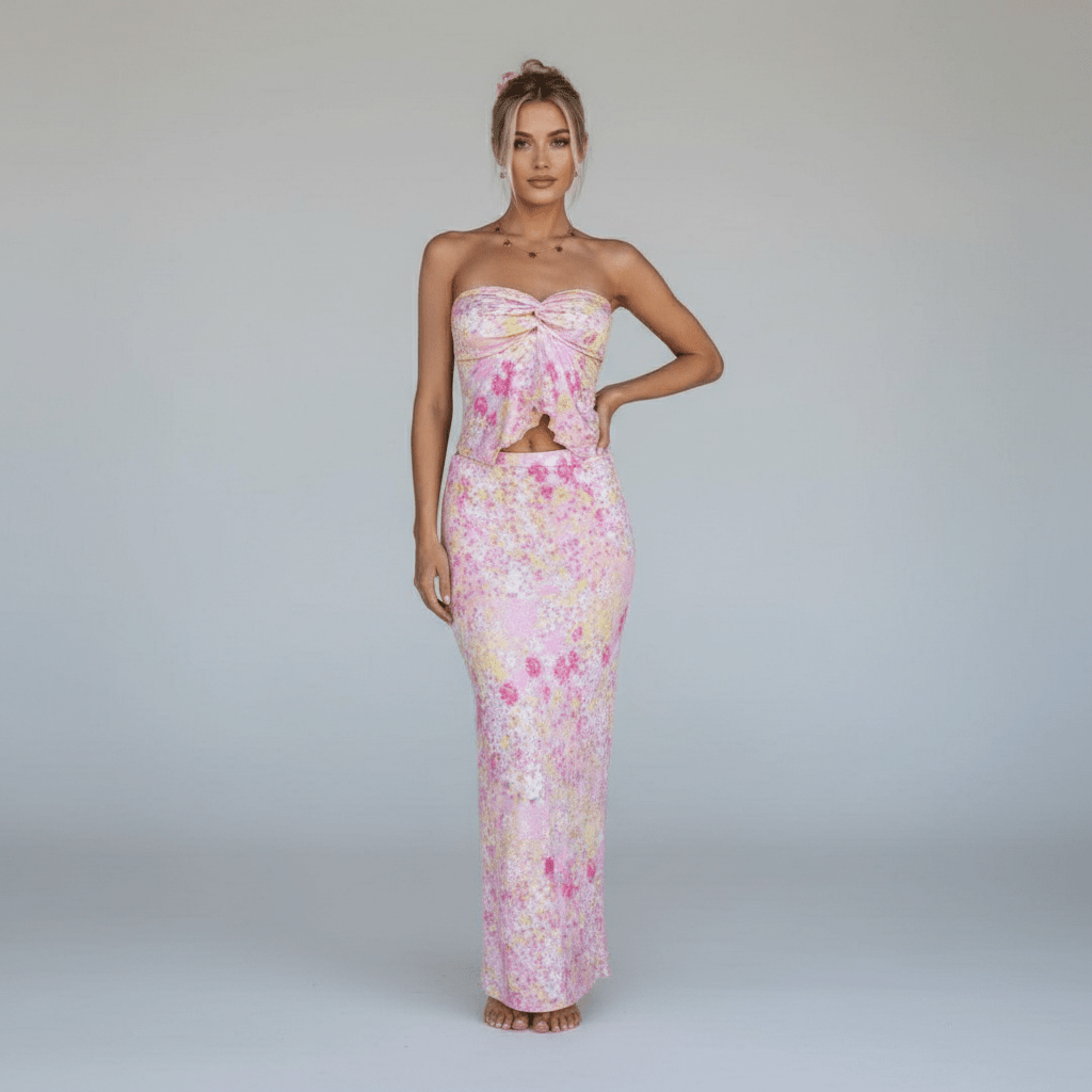 Madeline Strapless Maxi Summer Dress Two Piece Set with Floral Print
