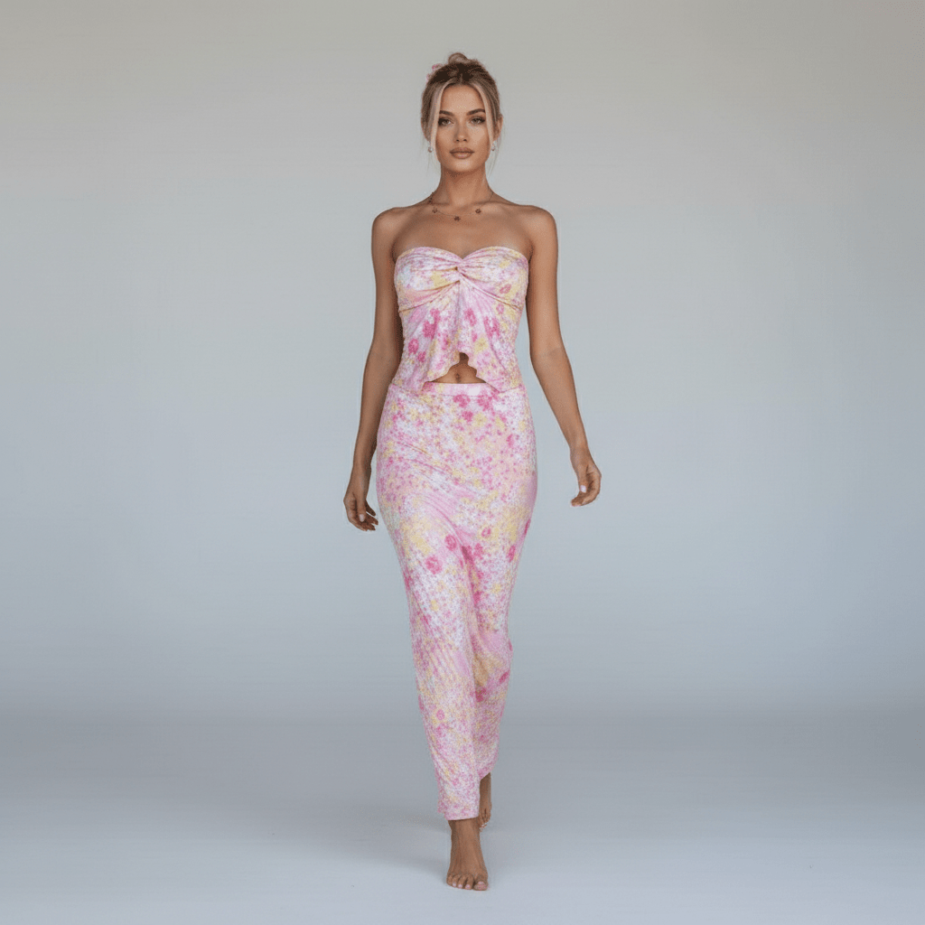Madeline Strapless Maxi Summer Dress Two Piece Set with Floral Print