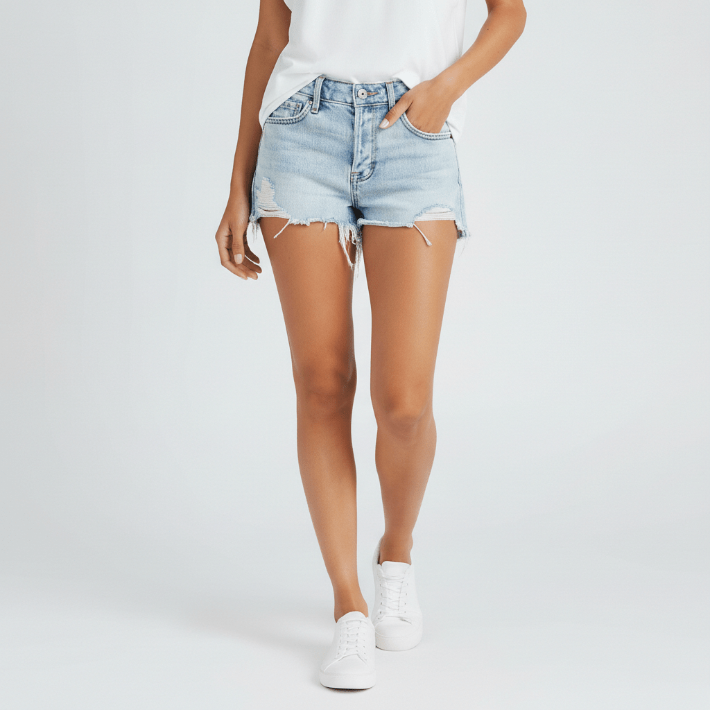 Malaika Frayed Hem Denim Shorts Distressed Mid Rise