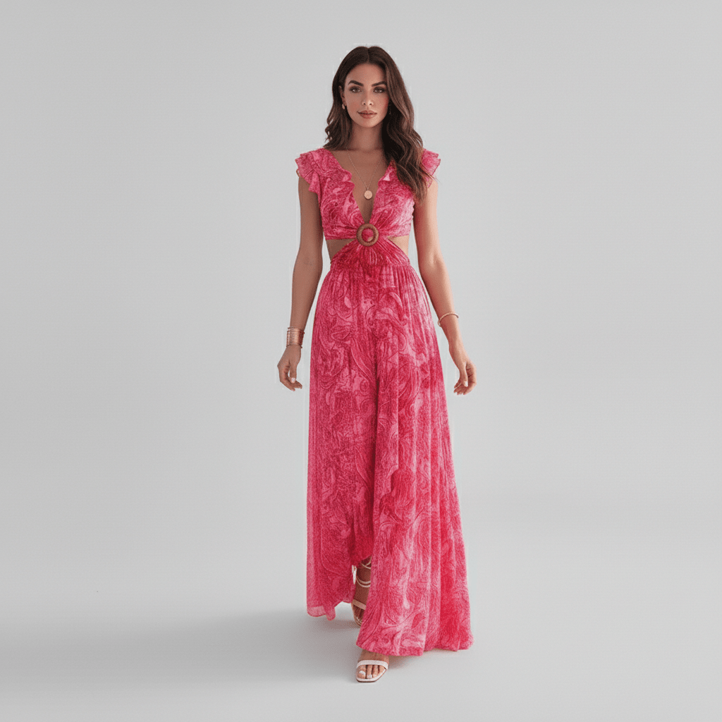 Marcia Floral Cut Out Wedding Guest Dress with Ruffle Sleeves Maxi Length