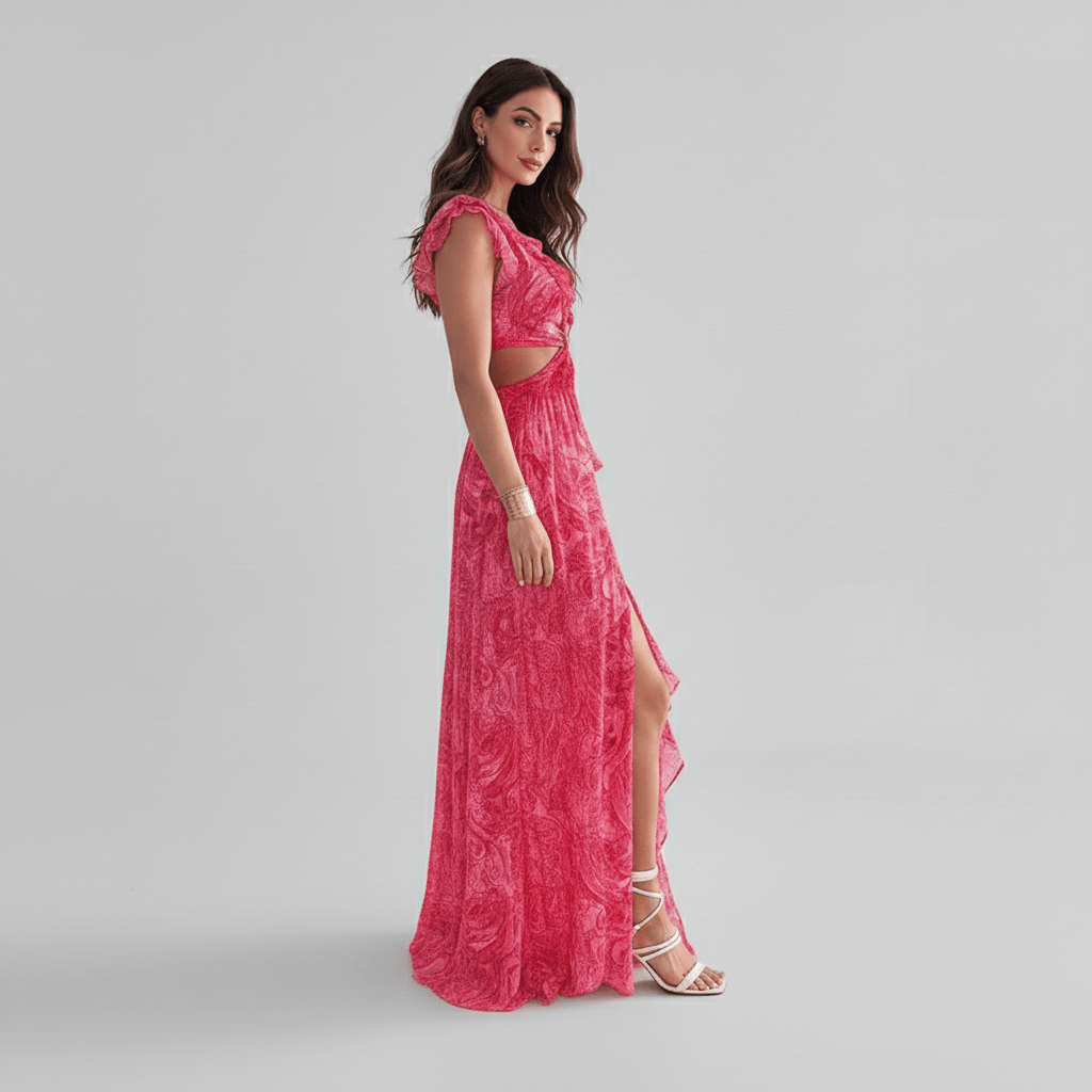 Marcia Floral Cut Out Wedding Guest Dress with Ruffle Sleeves Maxi Length