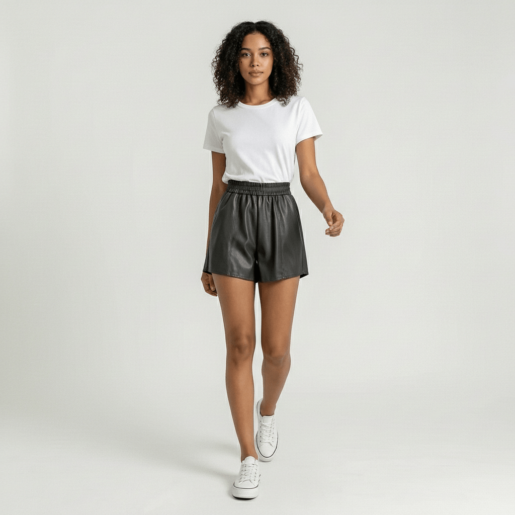 Marianne High Waist Faux Leather Shorts Elastic Waist Wide Leg