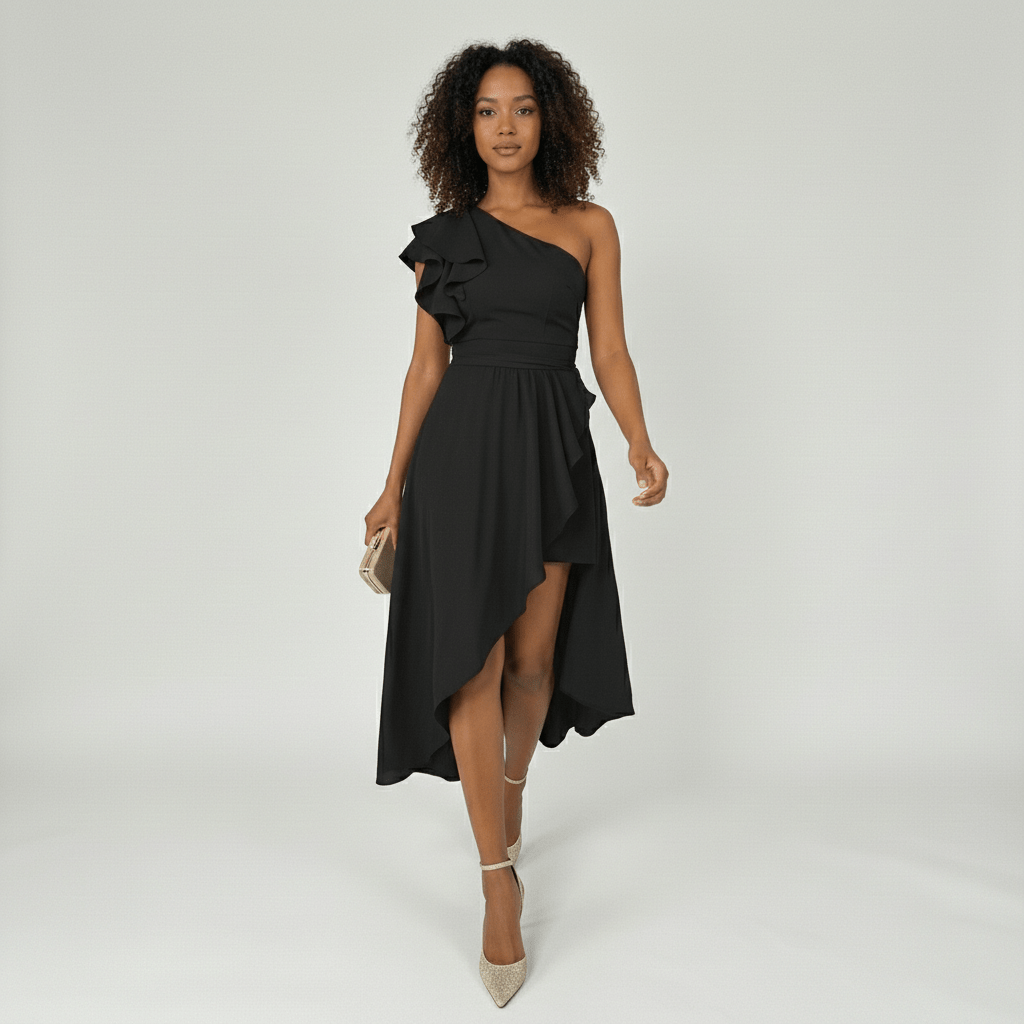 Marisa One Shoulder Cocktail Midi Dress with Asymmetric Ruffle Hem