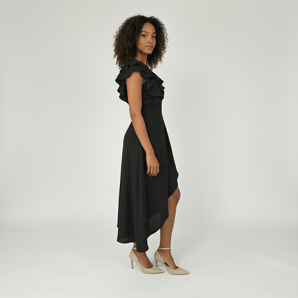 Marisa One Shoulder Cocktail Midi Dress with Asymmetric Ruffle Hem