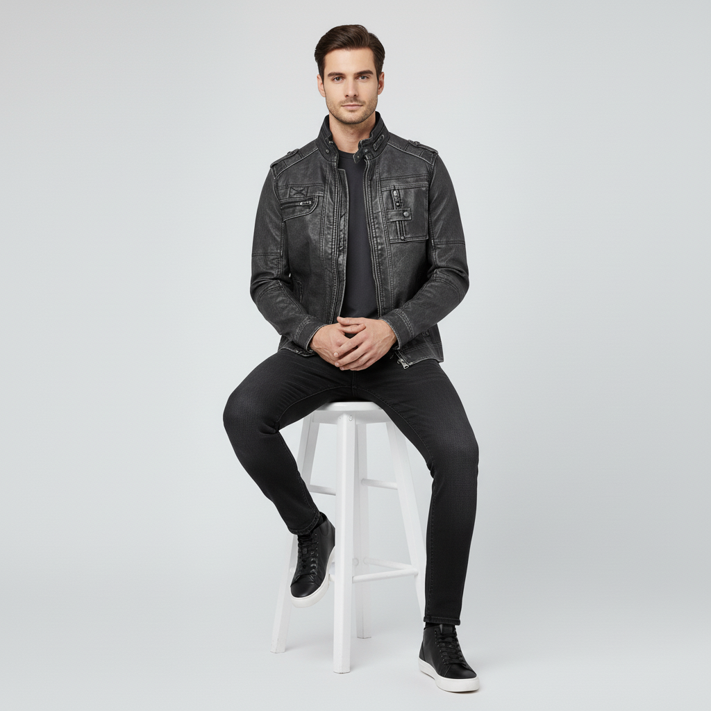 Men’s Leather Jacket with Zip Pockets