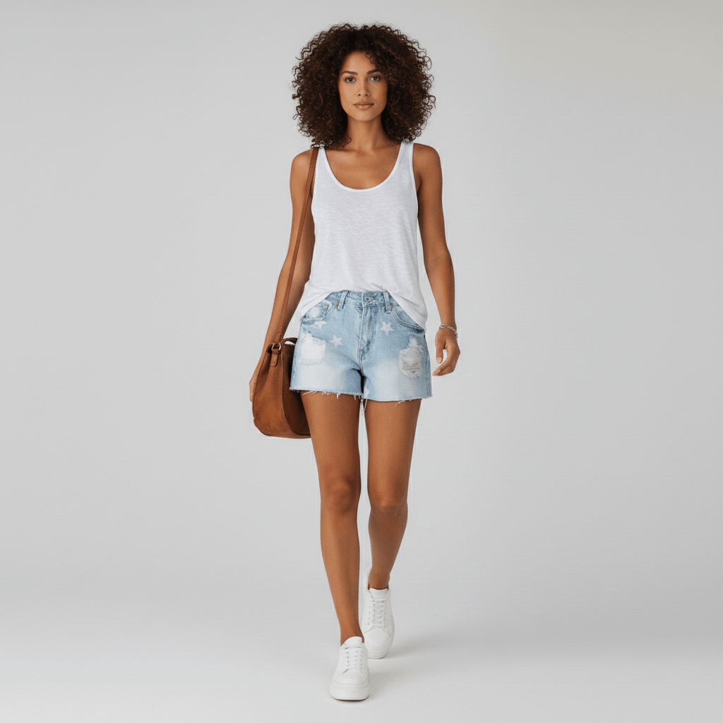 Miranda Distressed Denim Shorts Star Print Frayed Hem