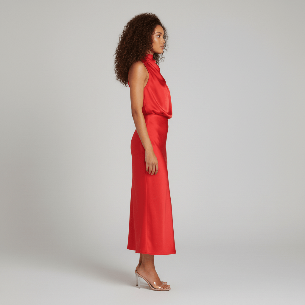 Natasha Halter Neck Satin Midi Dress for Women with Draped Neckline