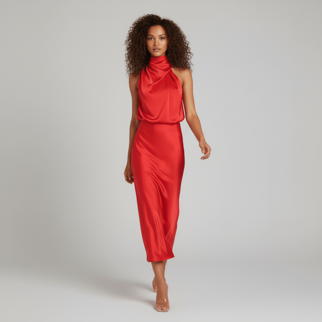 Natasha Halter Neck Satin Midi Dress for Women with Draped Neckline