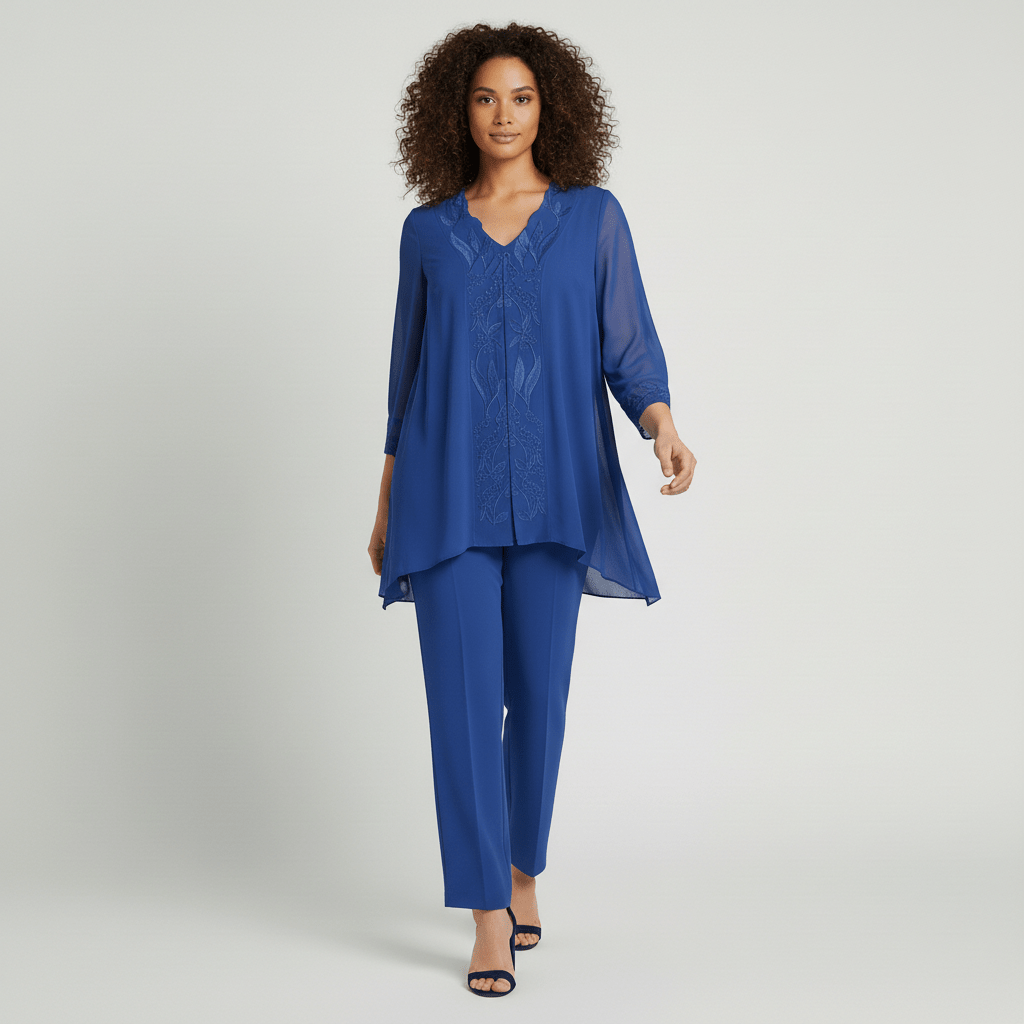 Nichola Two Piece Set Embroidered Tunic Top and Straight Leg Pants