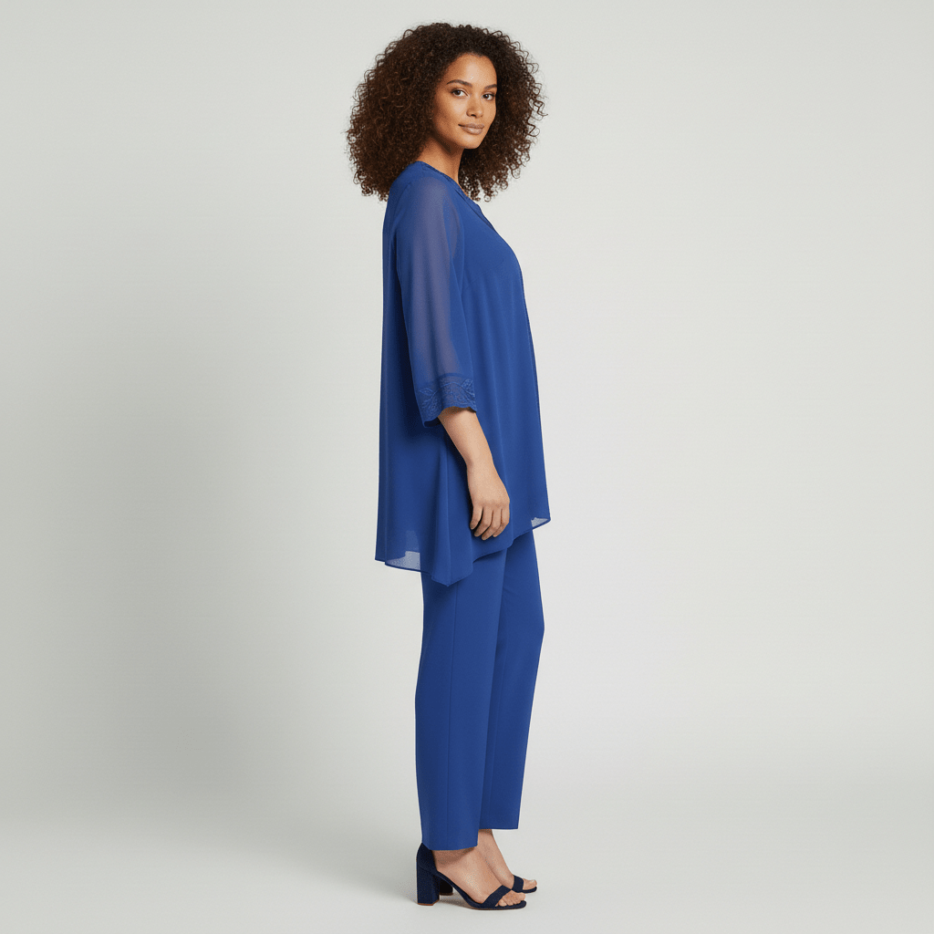 Nichola Two Piece Set Embroidered Tunic Top and Straight Leg Pants
