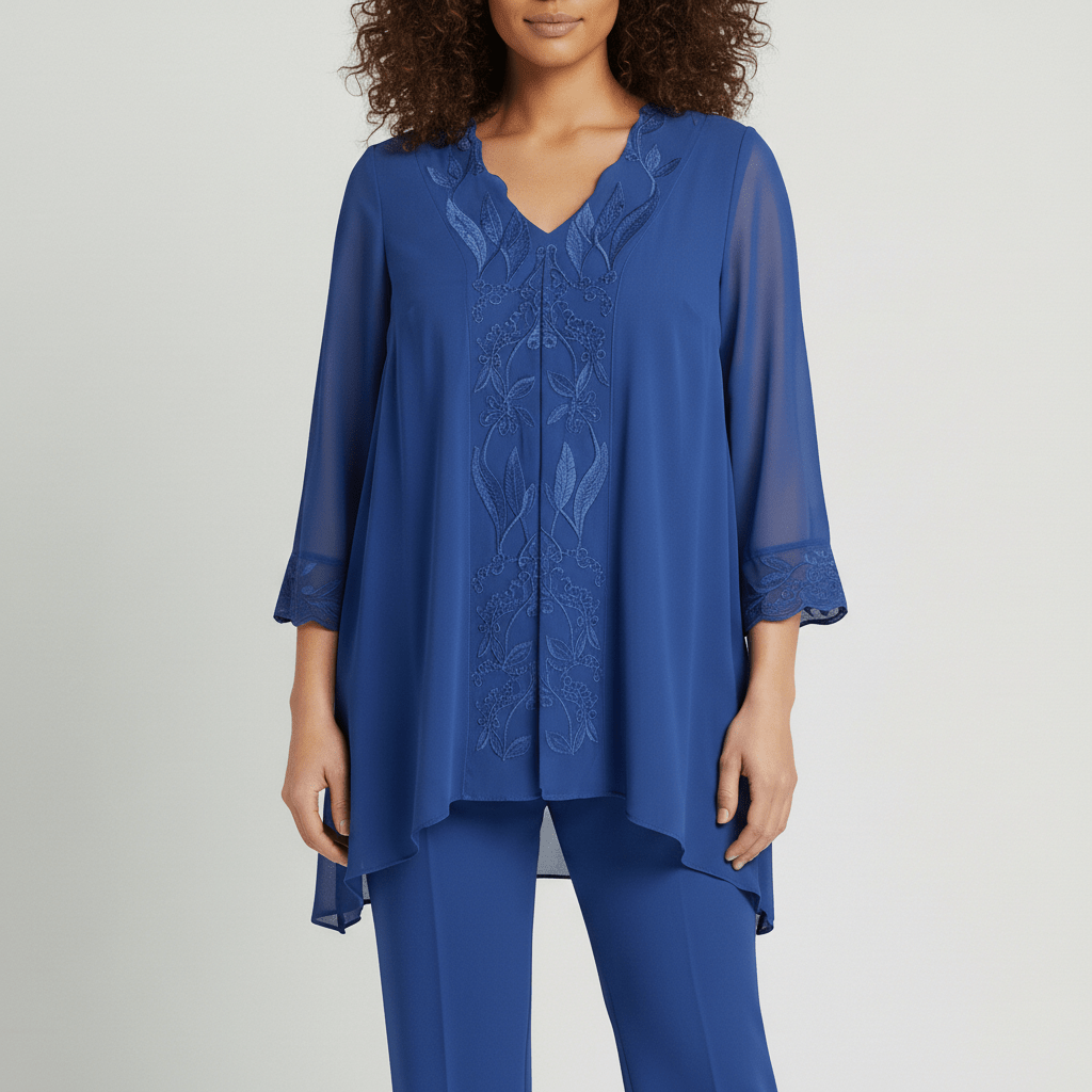 Nichola Two Piece Set Embroidered Tunic Top and Straight Leg Pants