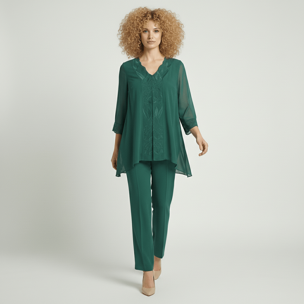 Nichola Two Piece Set Embroidered Tunic Top and Straight Leg Pants