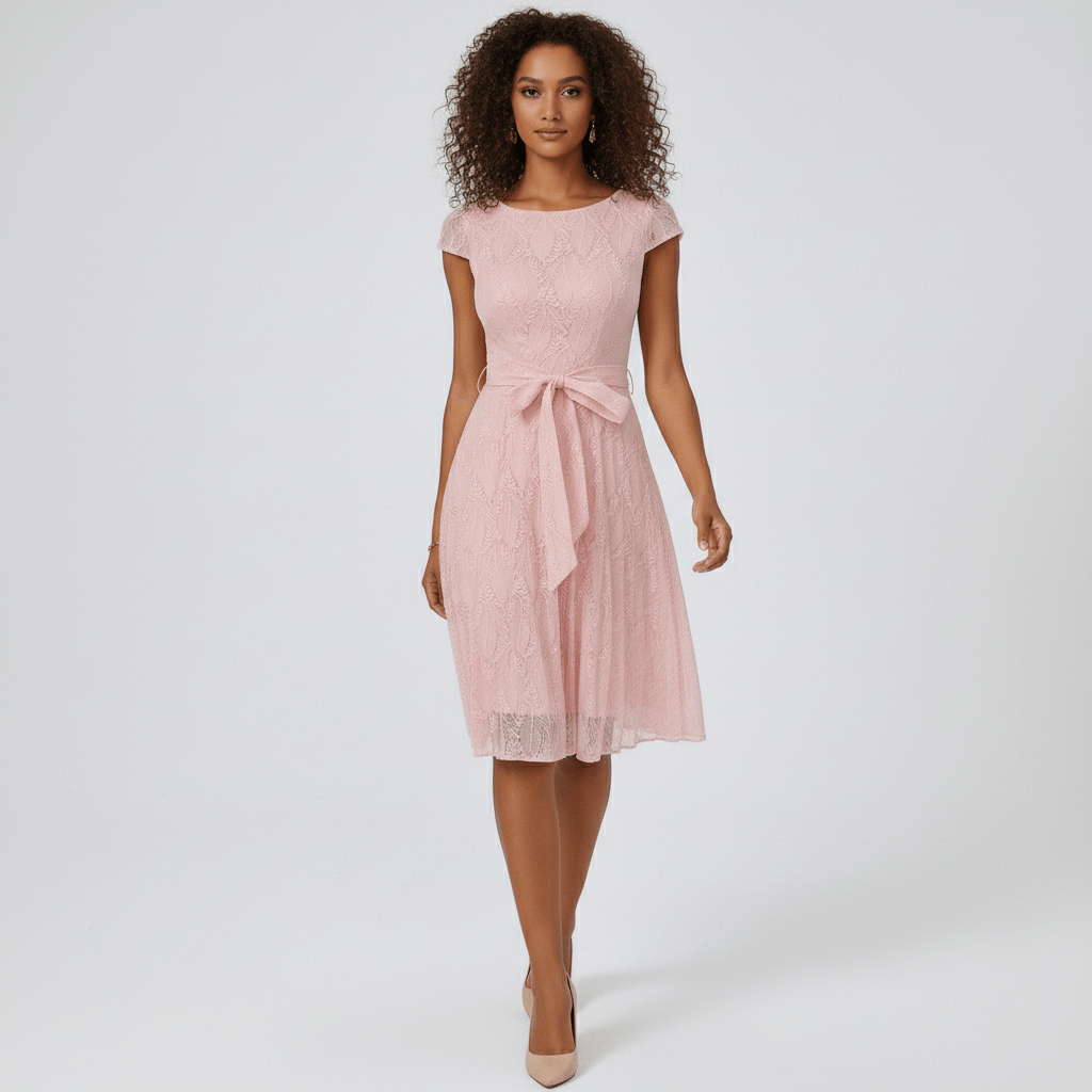 Norah Lace A-Line Cocktail Midi Dress with Bow Waist Detail