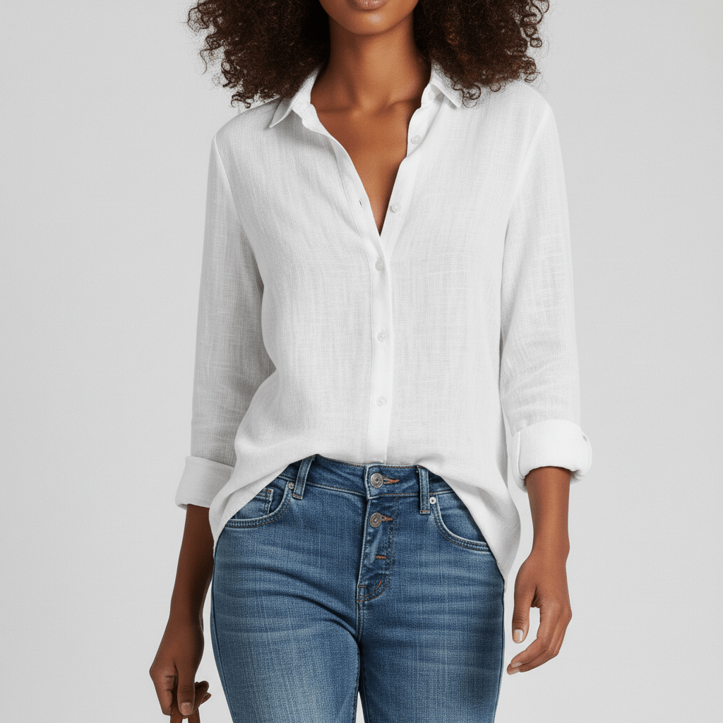 Olive Button-Up Long Sleeve Blouse with V-Neckline