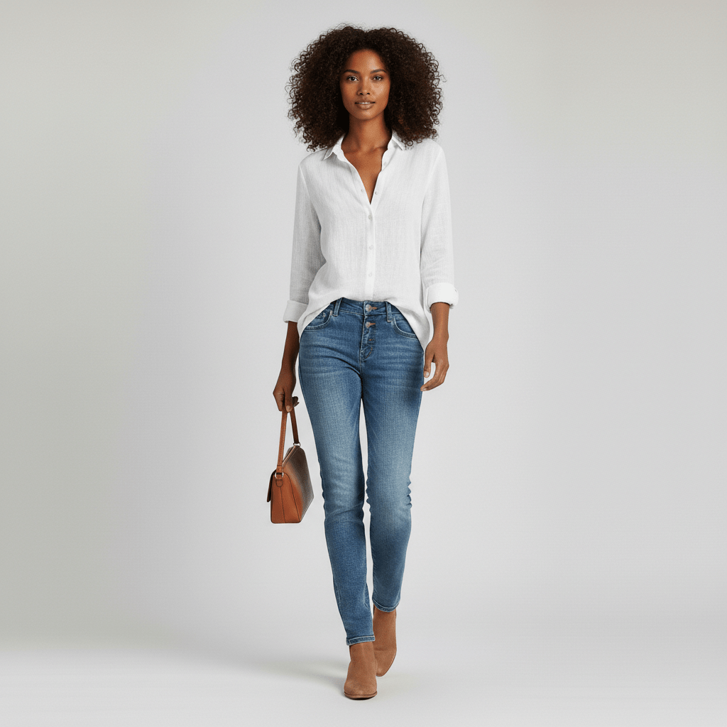 Olive Button-Up Long Sleeve Blouse with V-Neckline