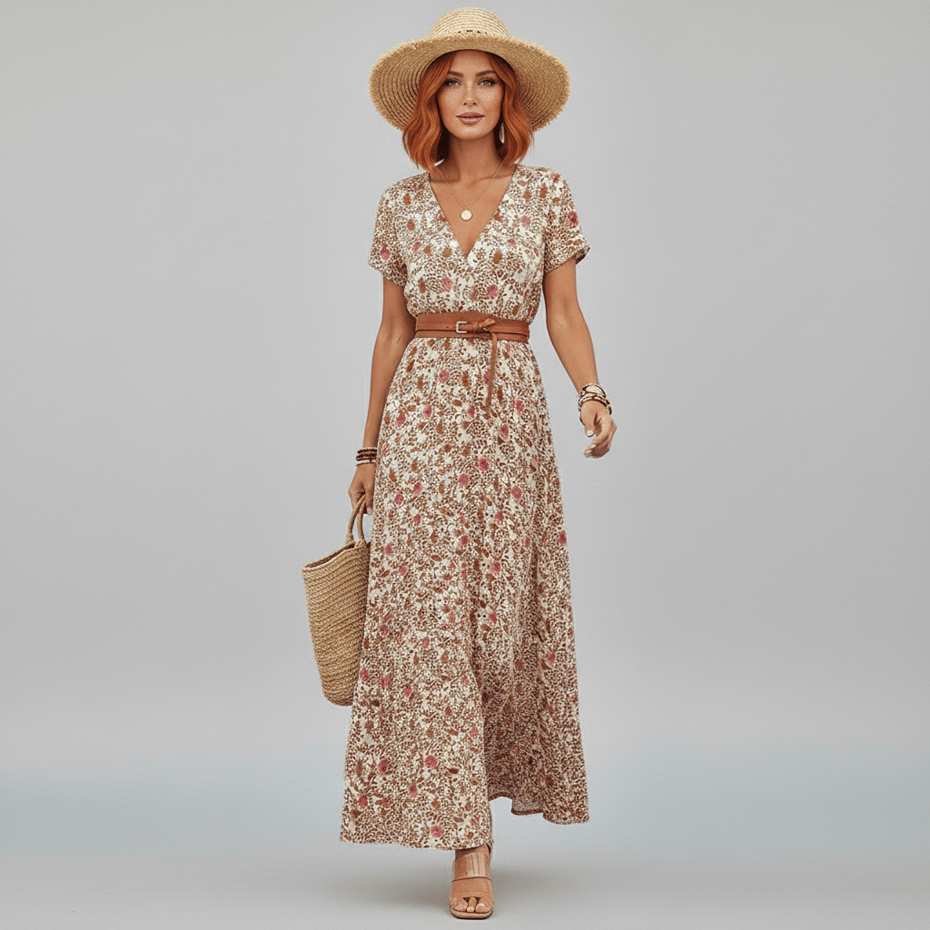 Pascale Short Sleeve Floral Boho Maxi Dress for Women