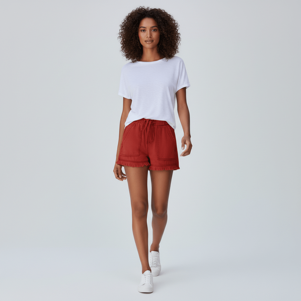 Penelope High Waist Denim Shorts Drawstring Waist Frill Hem