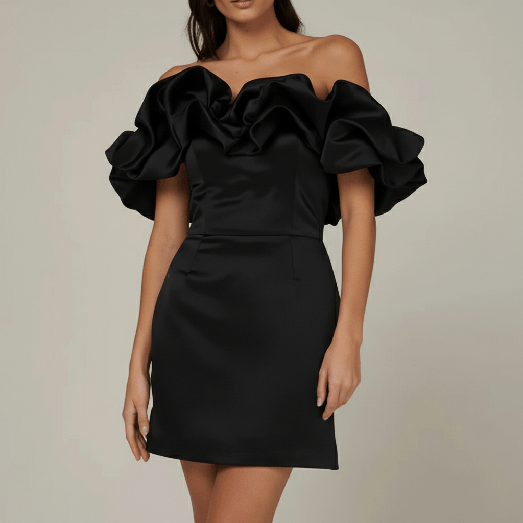 Petra Off Shoulder Ruffle Cocktail Dress Satin Mini
