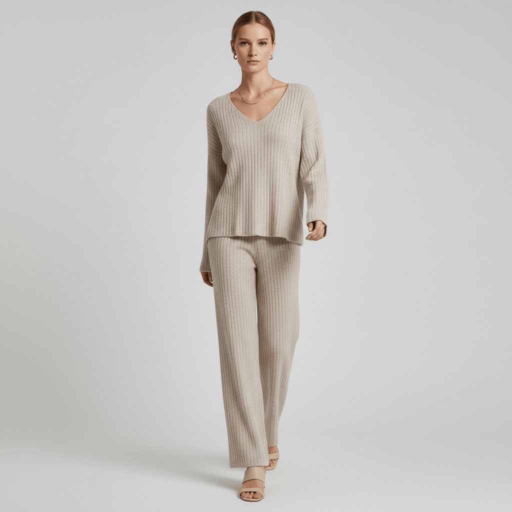 Philippa Two Piece Set Ribbed V-Neck Sweater and Wide-Leg Pants