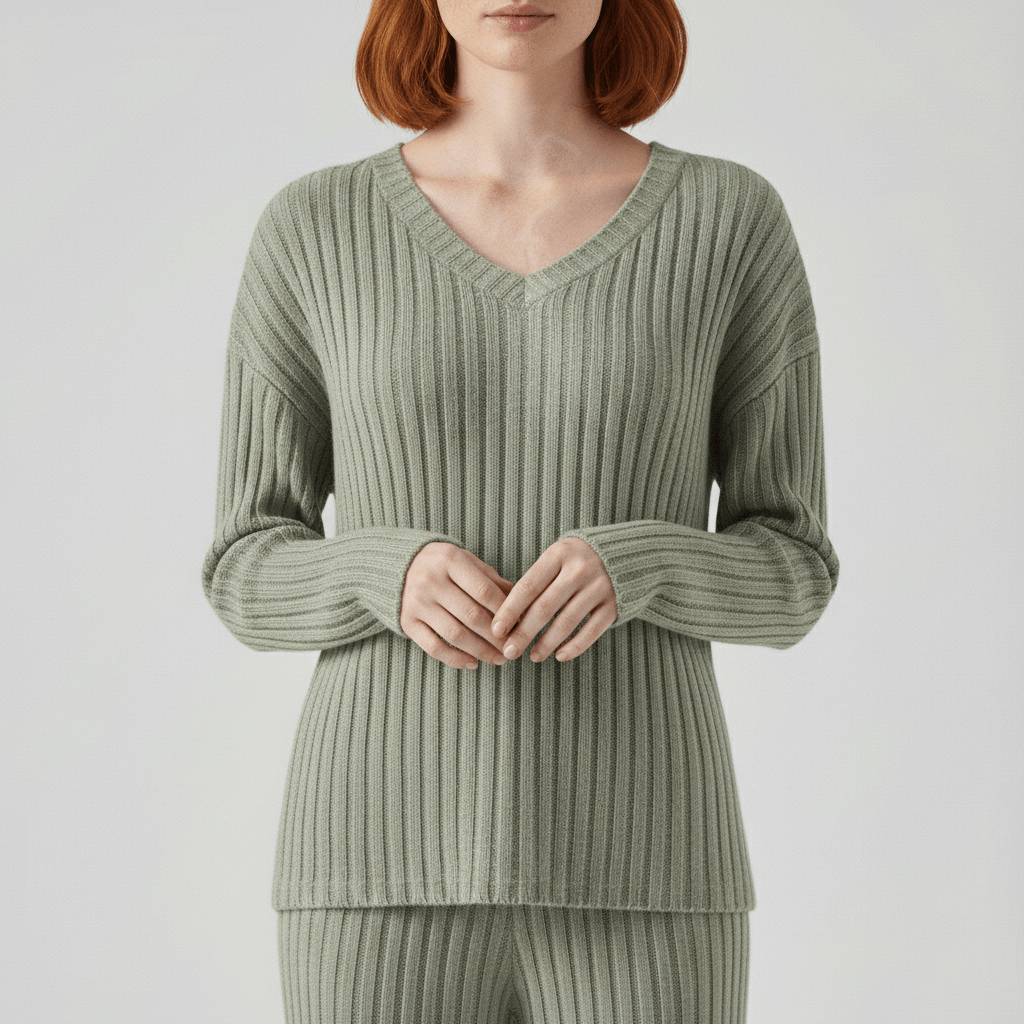 Philippa Two Piece Set Ribbed V-Neck Sweater and Wide-Leg Pants