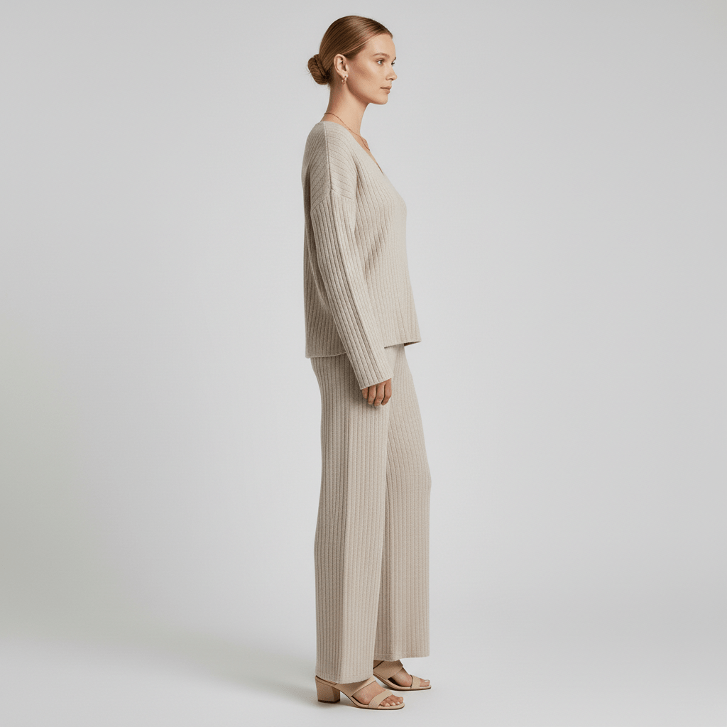 Philippa Two Piece Set Ribbed V-Neck Sweater and Wide-Leg Pants