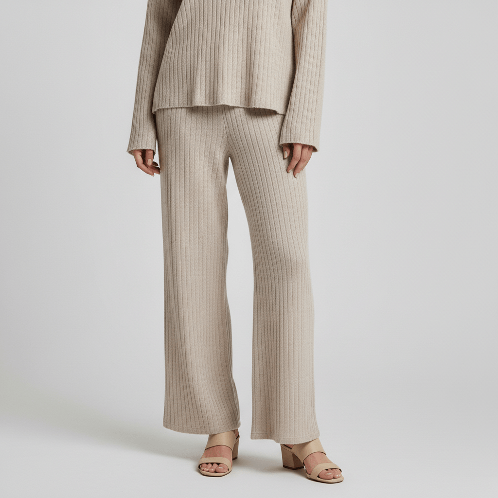 Philippa Two Piece Set Ribbed V-Neck Sweater and Wide-Leg Pants